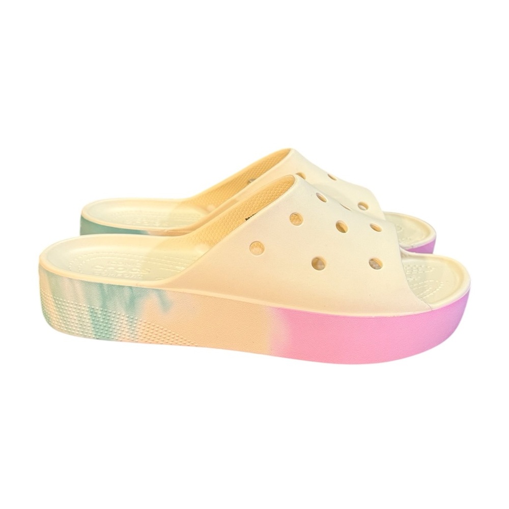 CROCS Platform Slide Sandals in Cream with Pink and Teal Gradient